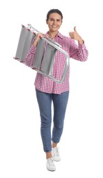 Young woman holding metal ladder on white background