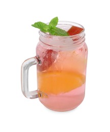 Photo of Mason jar of tasty rhubarb cocktail with orange fruit isolated on white