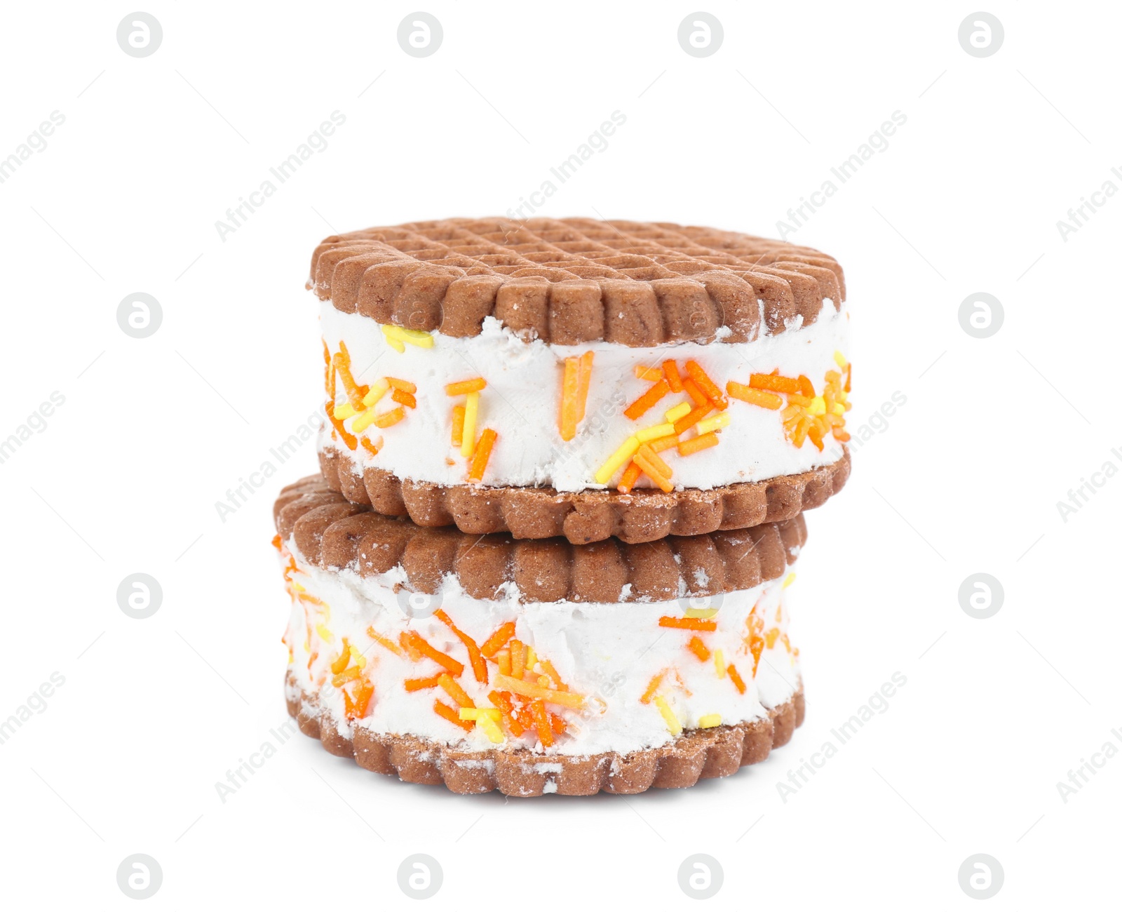 Photo of Sweet delicious ice cream cookie sandwiches isolated on white