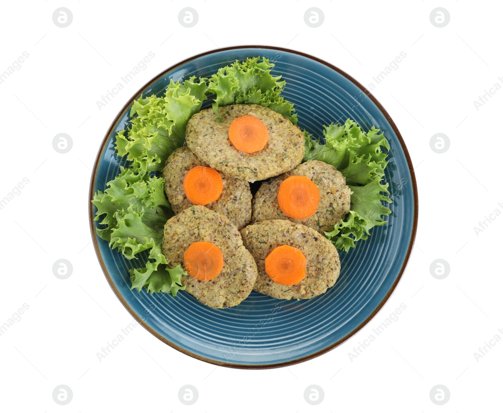 Photo of Plate of traditional Passover (Pesach) gefilte fish isolated on white, top view