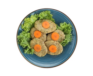 Photo of Plate of traditional Passover (Pesach) gefilte fish isolated on white, top view