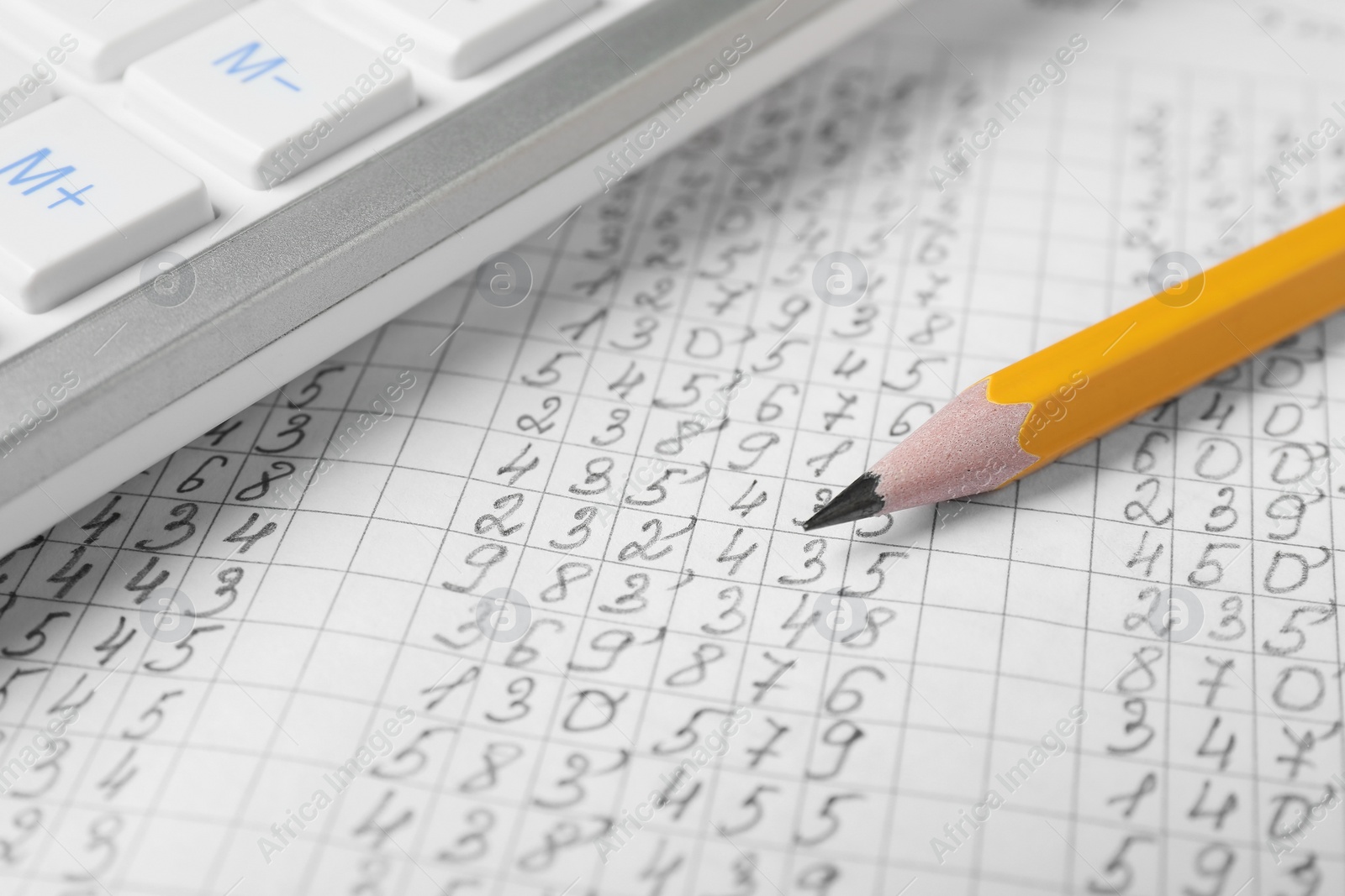 Photo of Calculator and pencil on document with data, closeup view