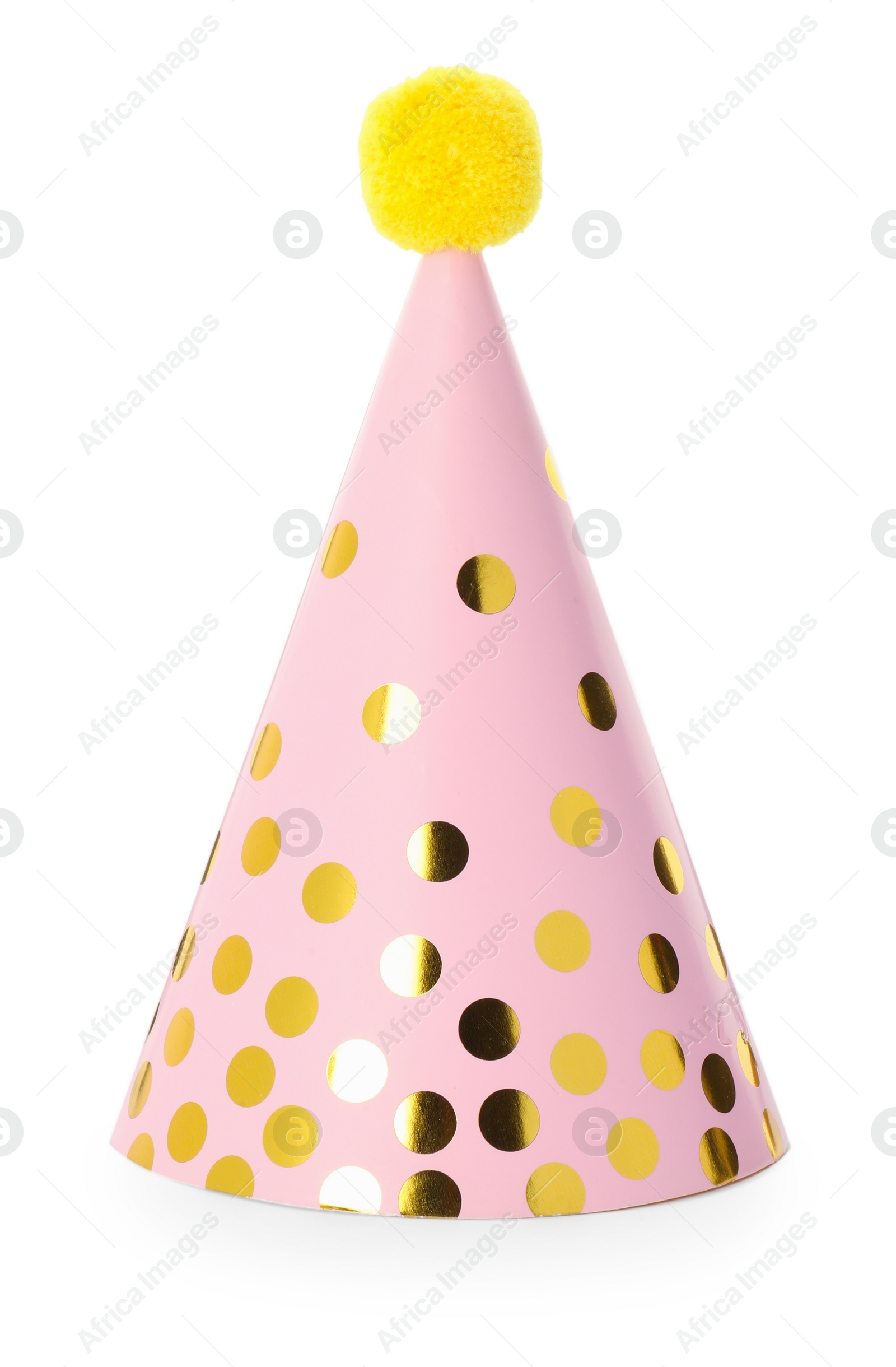 Photo of One pink party hat with pompom isolated on white