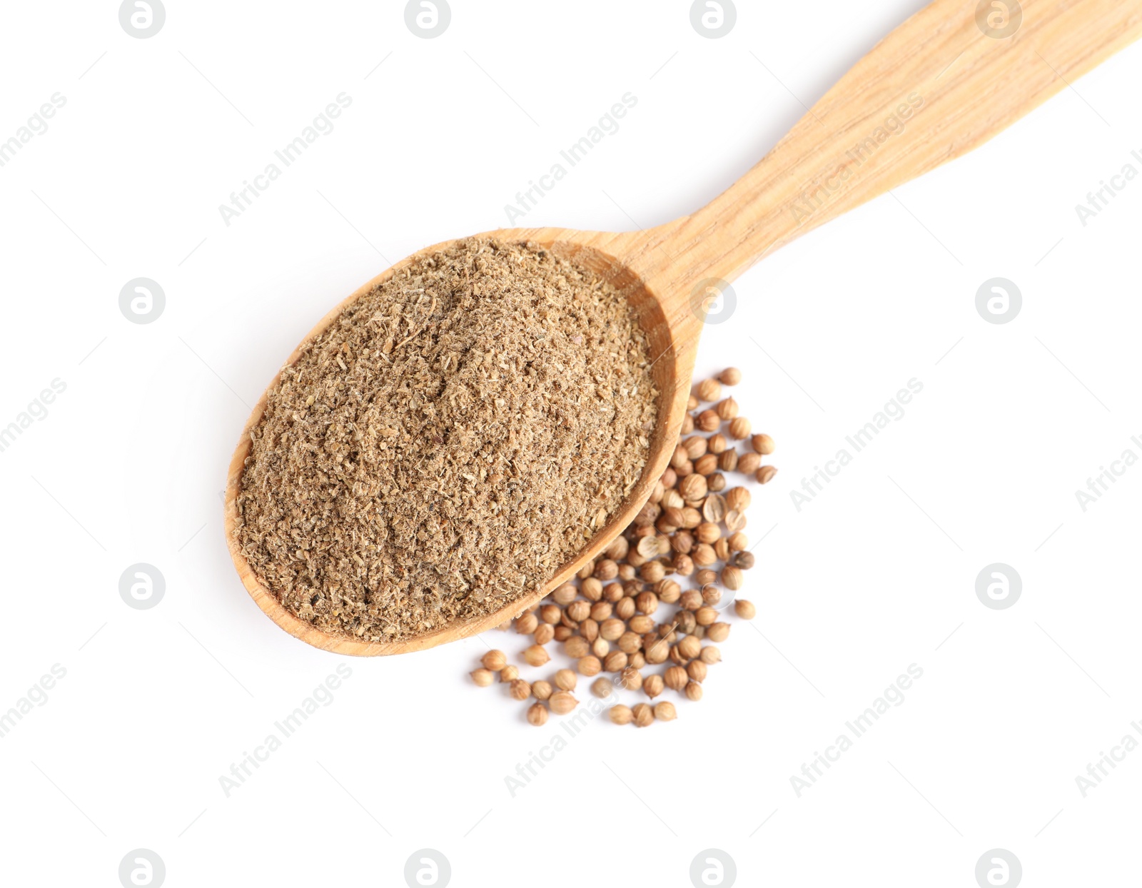 Photo of Wooden spoon with powdered coriander and corns on white background, top view