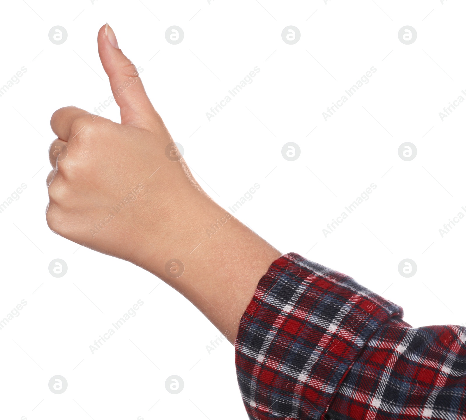 Photo of Woman hitchhiking on white background, closeup view