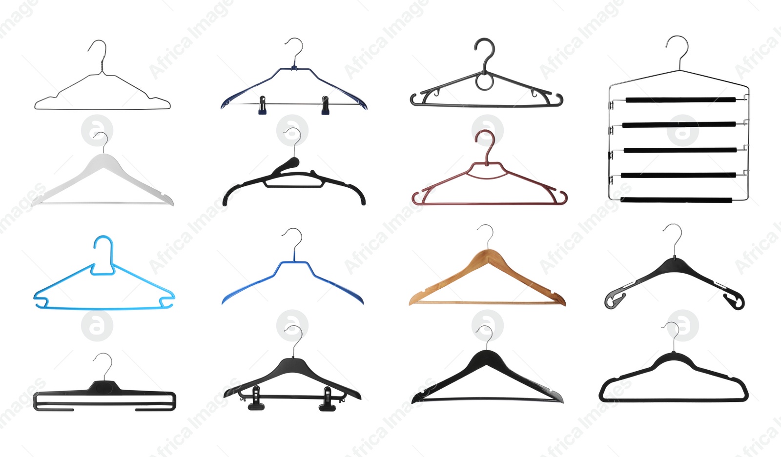 Image of Set with different empty hangers on white background