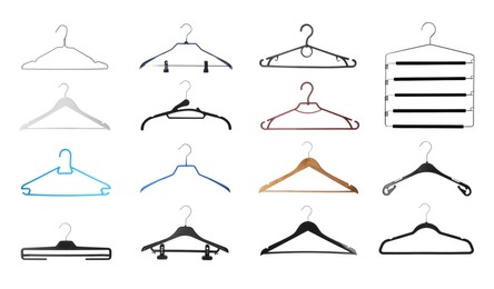 Image of Set with different empty hangers on white background