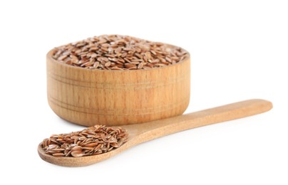 Photo of Wooden bowl and spoon with flax seeds on white background