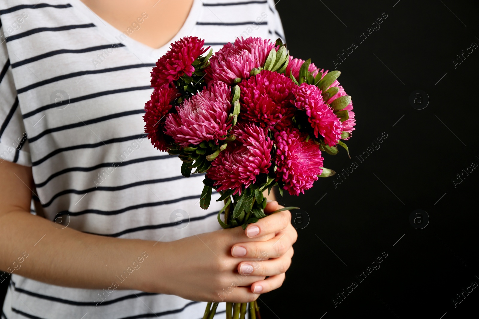 Photo of Woman with bouquet of beautiful asters on black background, closeup. Autumn flowers