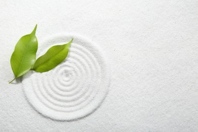 Zen rock garden. Circle pattern and green leaves on white sand, top view