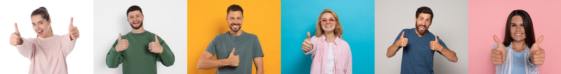 Collage with photos of people showing thumbs up on different color backgrounds