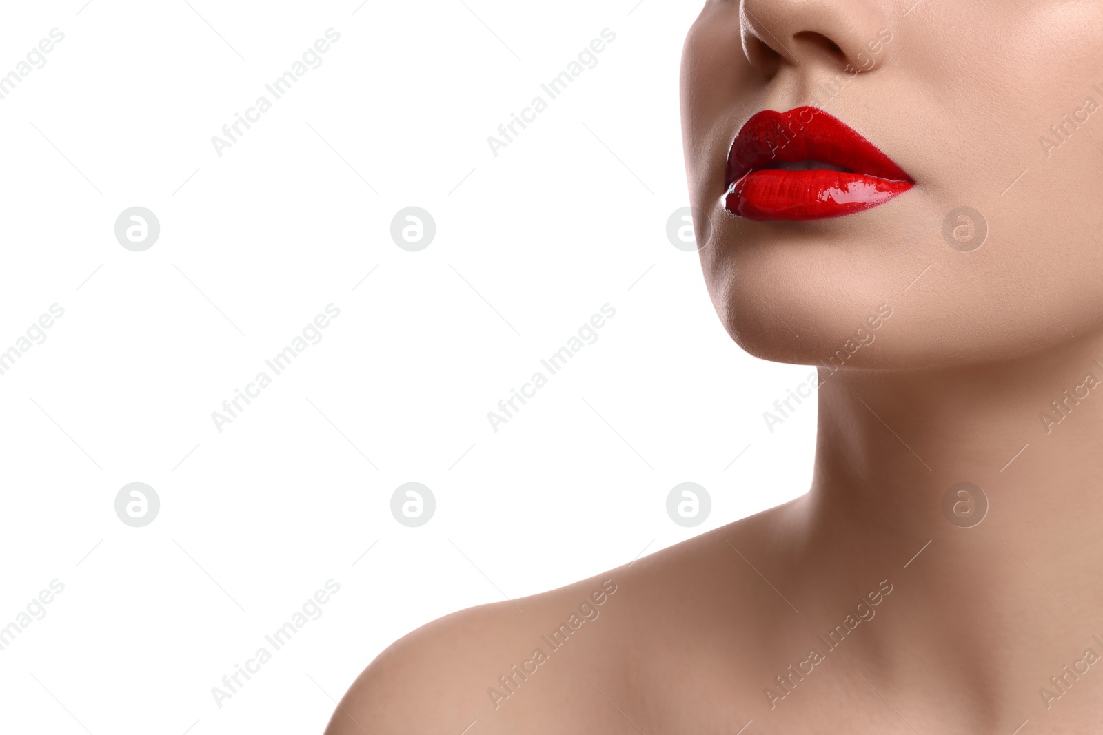 Photo of Closeup view of woman with beautiful full lips on white background