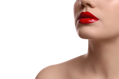 Closeup view of woman with beautiful full lips on white background