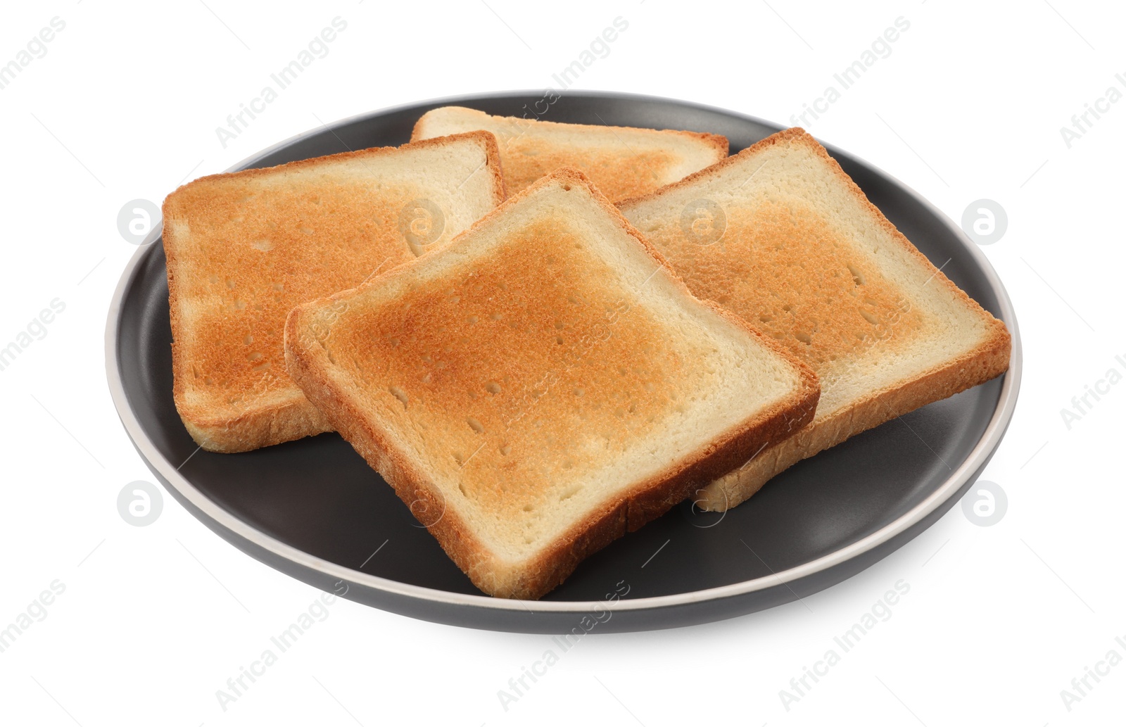 Photo of Plate with slices of delicious toasted bread on white background
