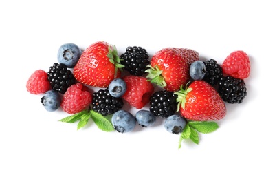 Photo of Raspberries and different berries on white background