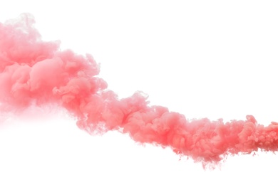 Photo of Trail of red smoke on white background