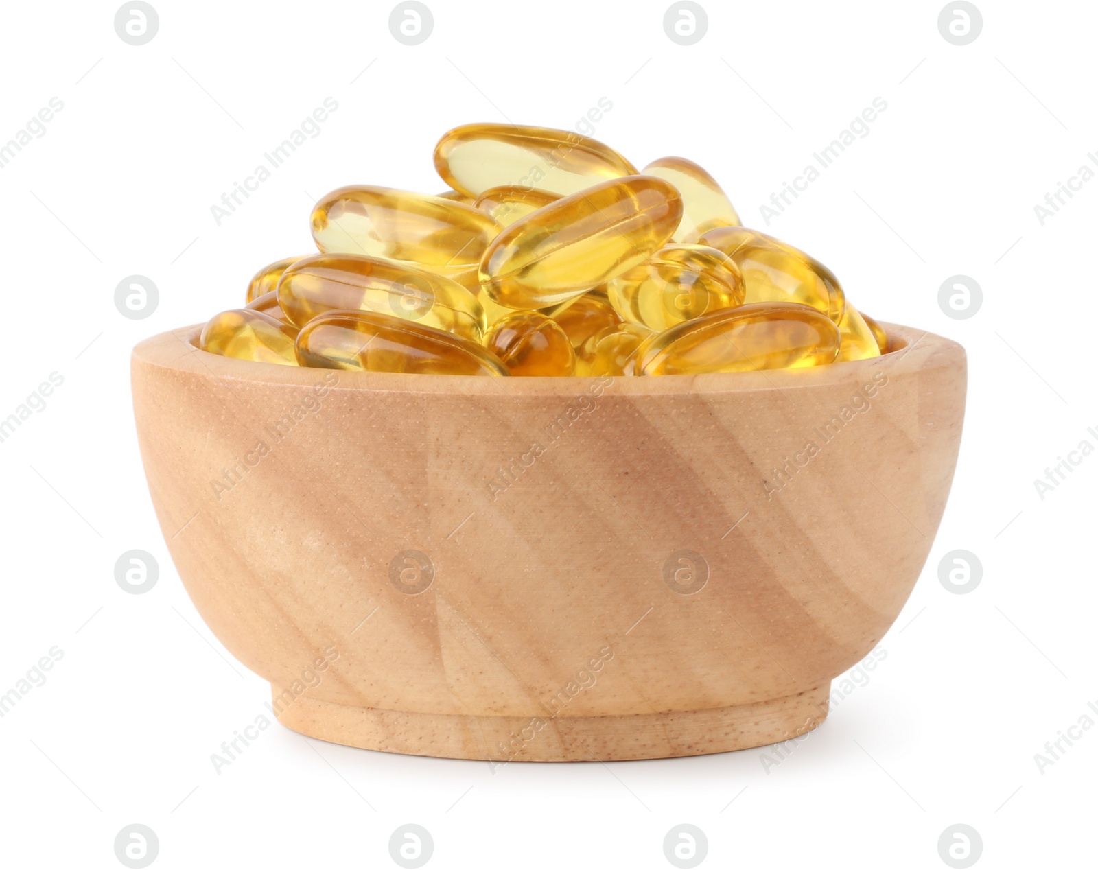 Photo of Vitamin capsules in wooden bowl isolated on white