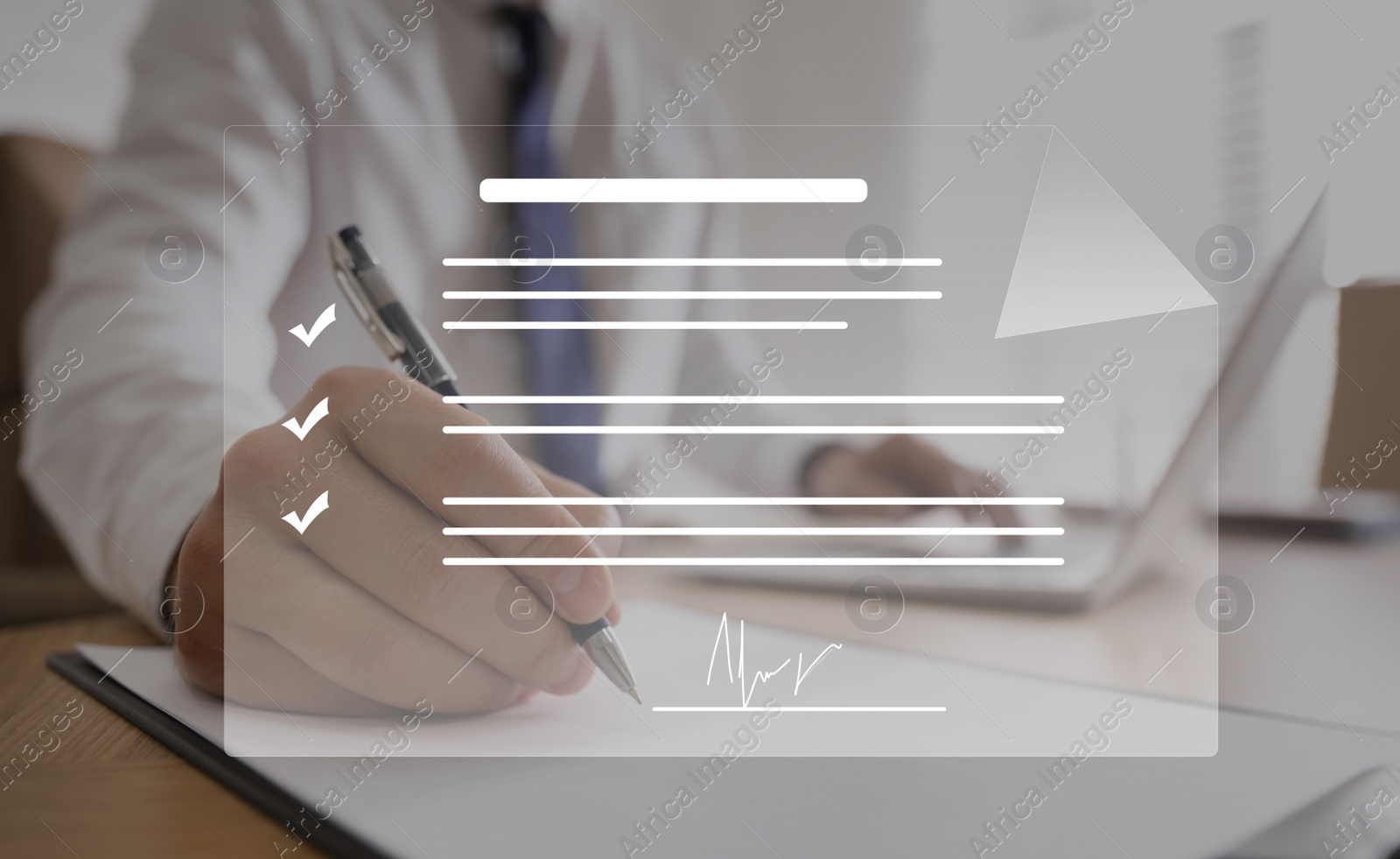 Image of Concept of electronic signature. Man working at table in office, closeup