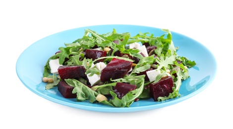 Photo of Fresh delicious beet salad isolated on white