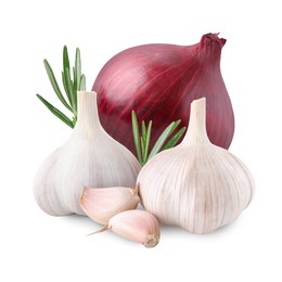 Image of Garlic, red onion and rosemary isolated on white