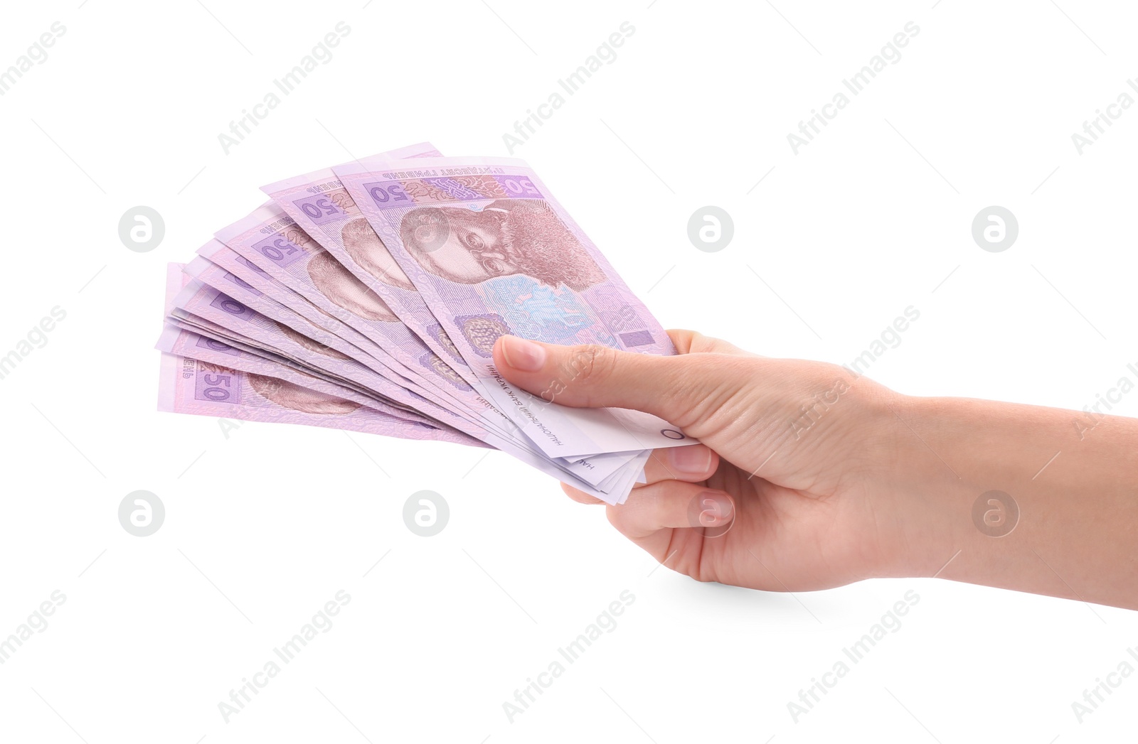 Photo of Woman holding Ukrainian money on white background, closeup