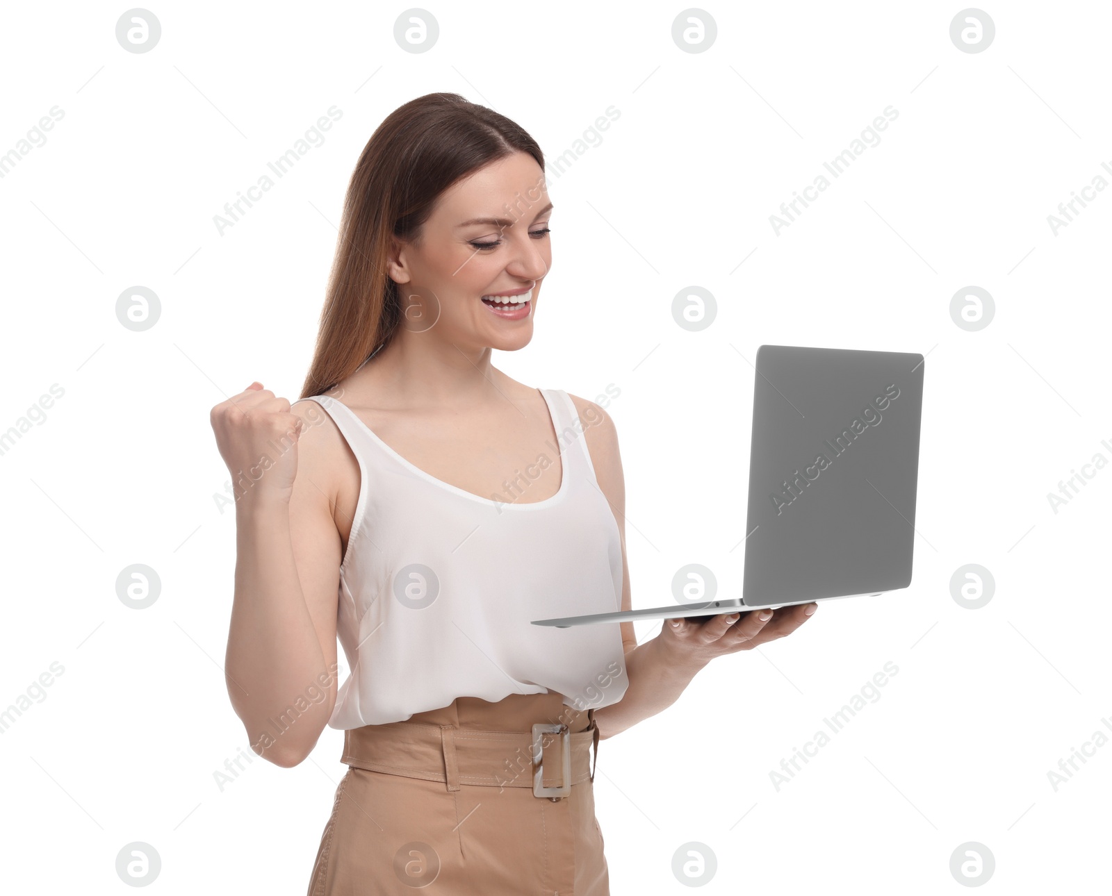 Photo of Beautiful happy businesswoman with laptop on white background