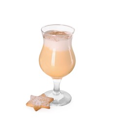 Photo of Delicious eggnog in glass and cookie isolated on white