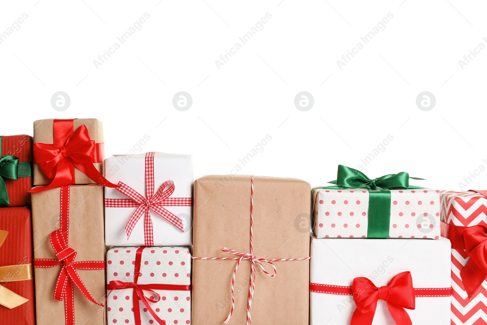 Photo of Beautifully wrapped gift boxes on white background