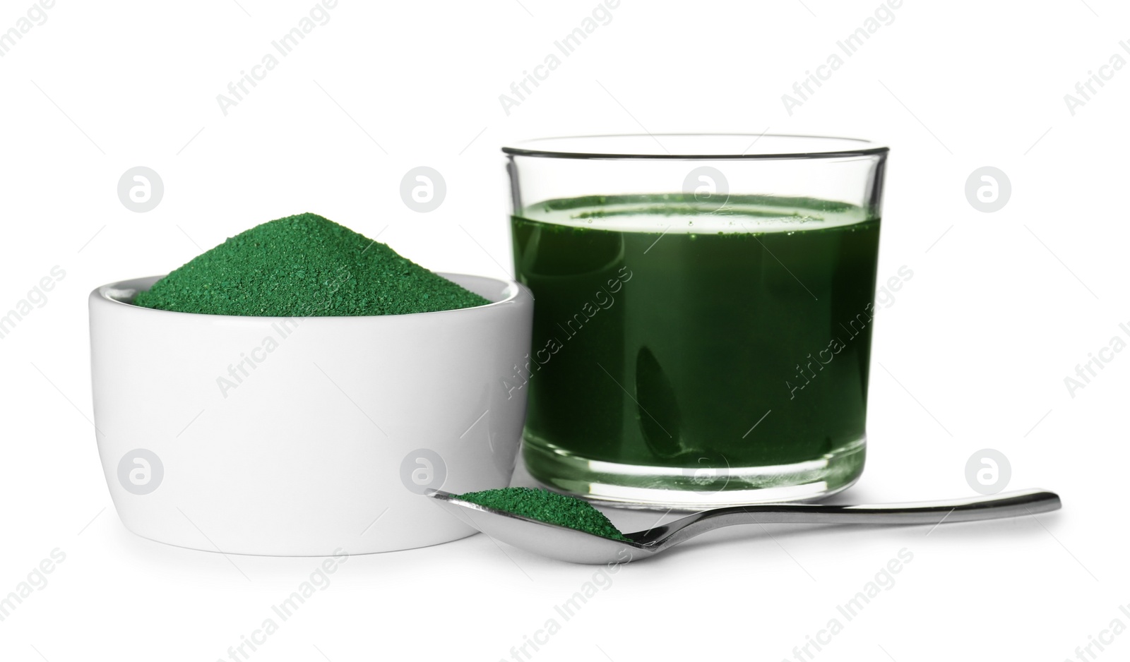 Photo of Spirulina drink and powder on white background