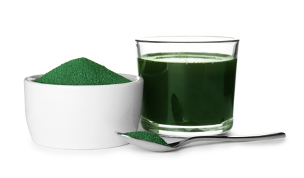 Photo of Spirulina drink and powder on white background