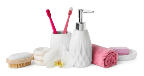 Bath accessories. Set of different personal care products and flower isolated on white