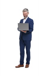 Photo of Mature businessman in stylish clothes with laptop on white background