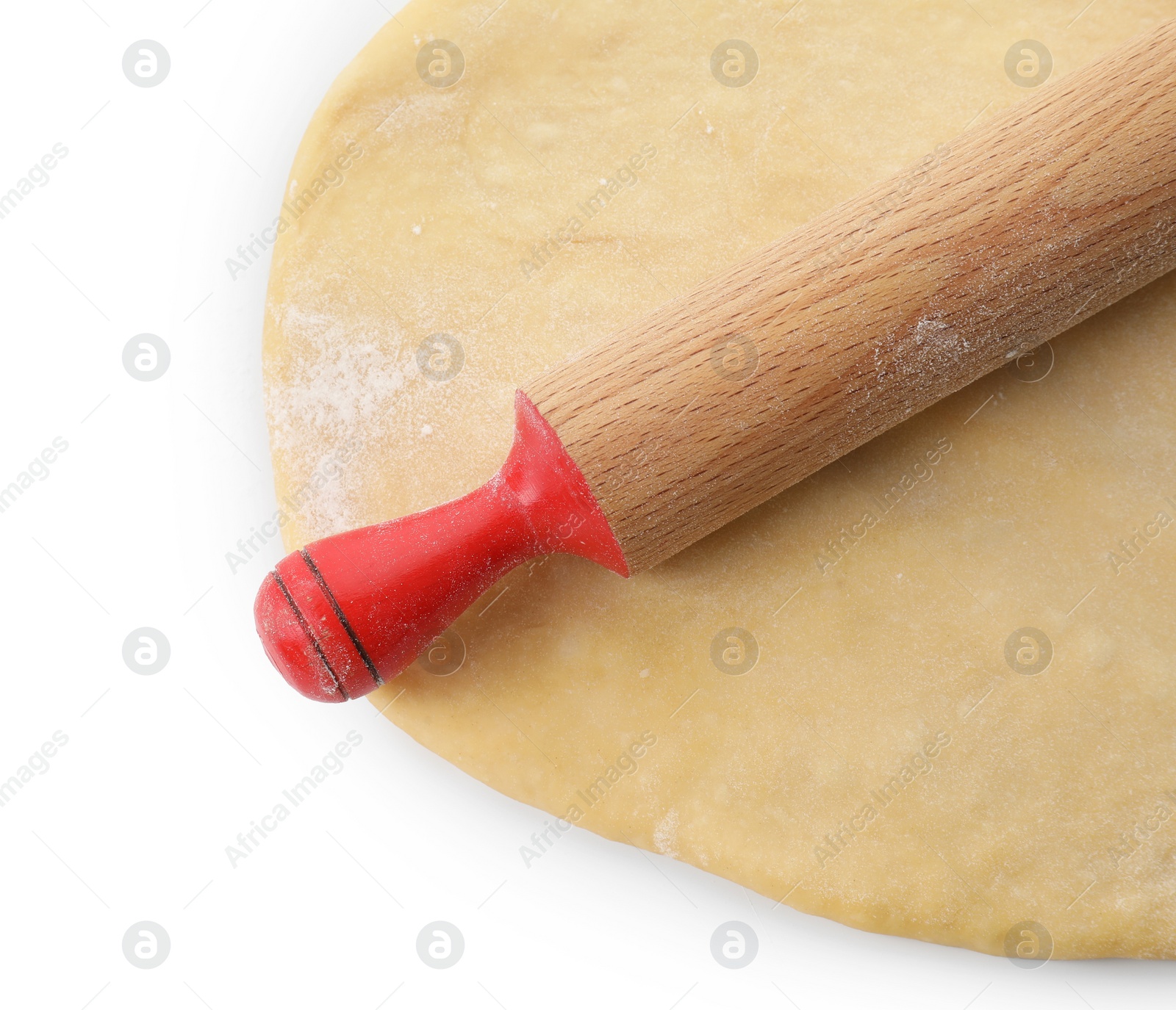 Photo of Raw dough and rolling pin isolated on white, top view