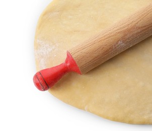 Photo of Raw dough and rolling pin isolated on white, top view