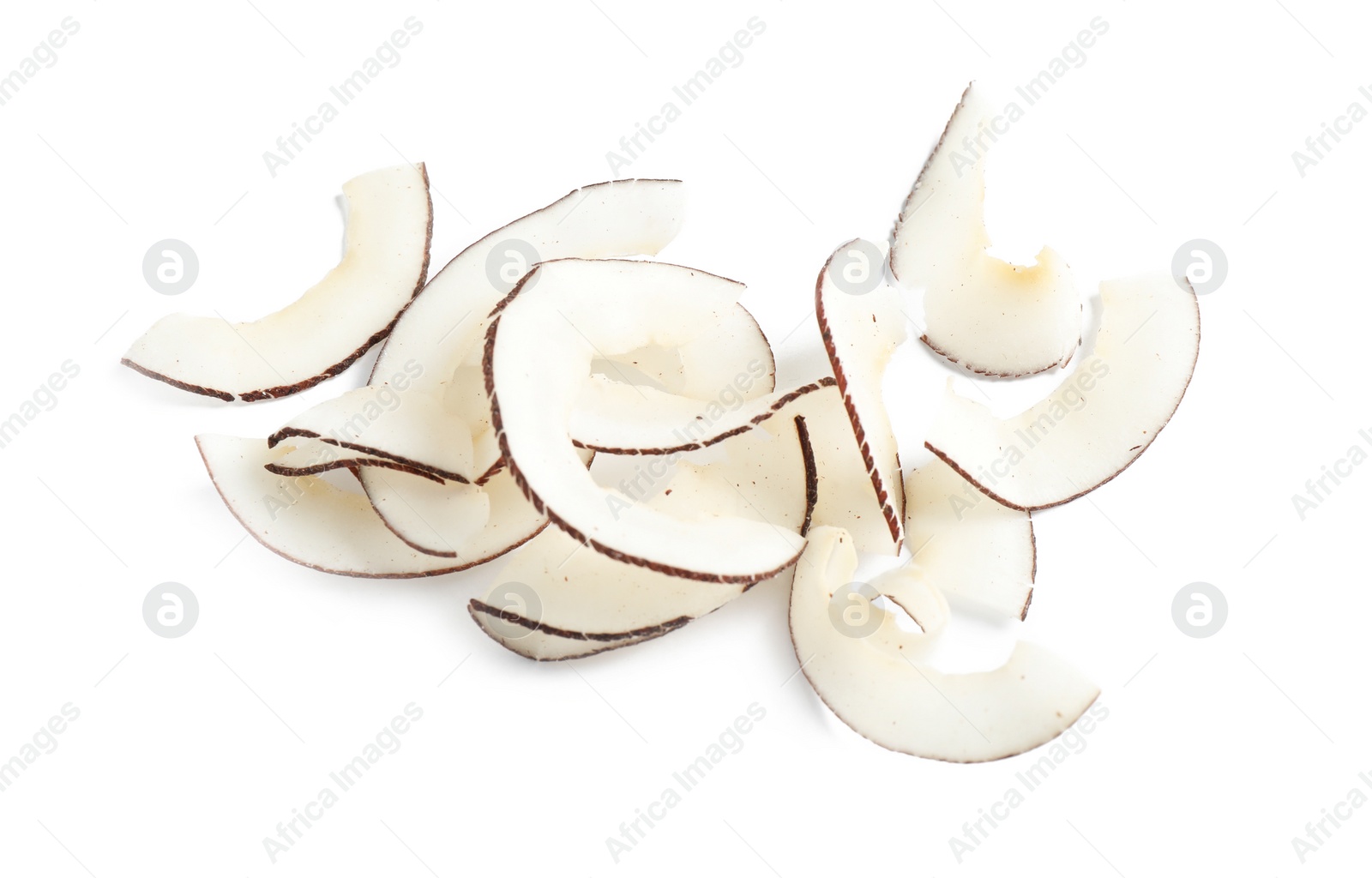 Photo of Pile of tasty coconut chips isolated on white