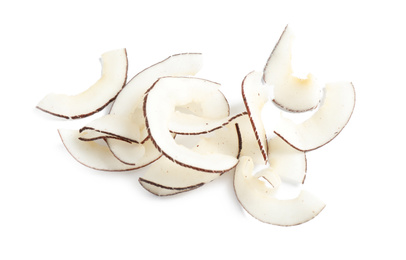 Photo of Pile of tasty coconut chips isolated on white