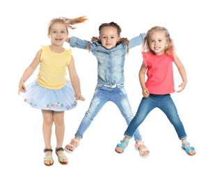 Collage with photos of jumping children on white background