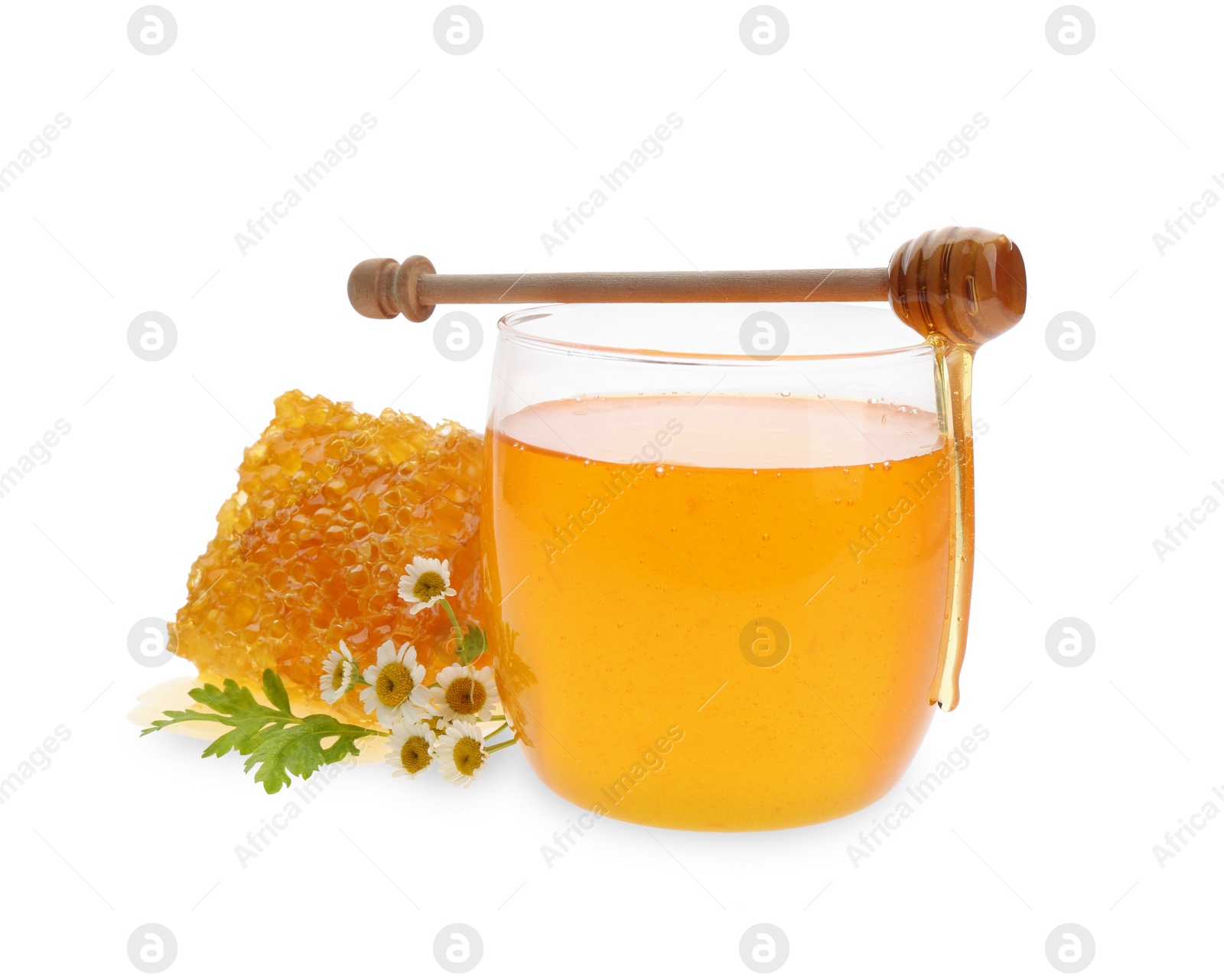 Photo of Composition with fresh honey on white background