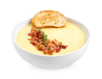 Photo of Tasty potato soup with bacon and crouton in bowl isolated on white