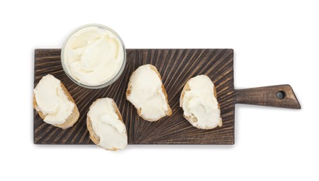 Photo of Bread with cream cheese on white background, top view