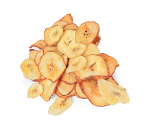 Tasty dried apples and banana on white background, top view