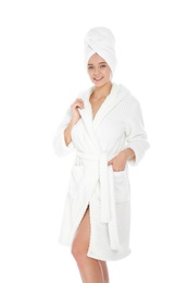 Photo of Portrait of young pretty woman in bathrobe with towel on white background