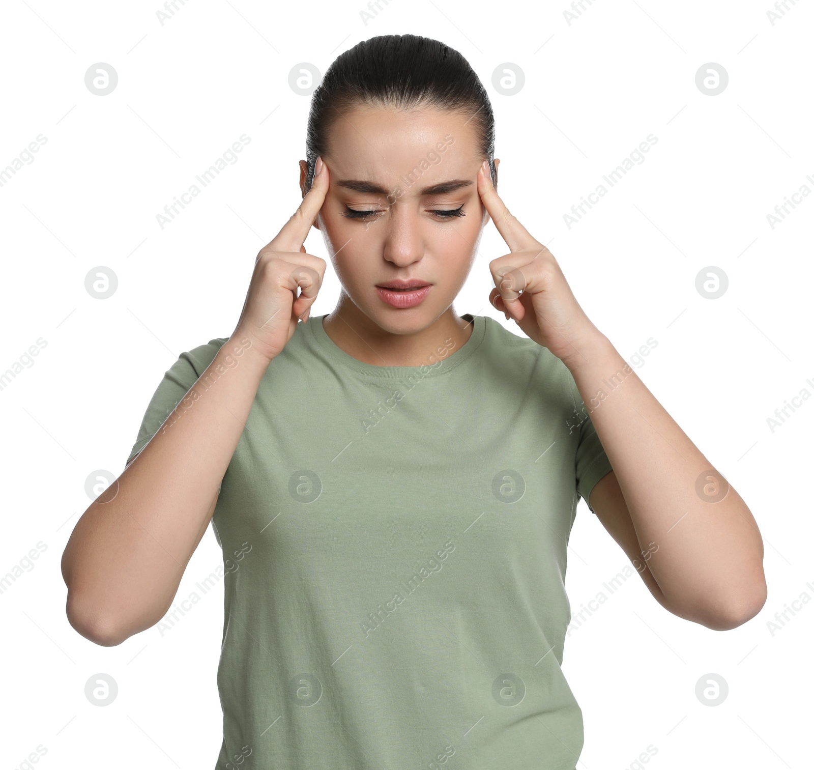 Photo of Young woman suffering from headache on white background