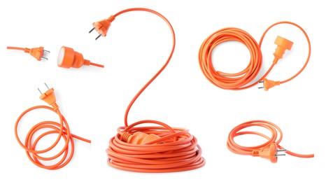 Image of Collage with orange extension cord on white background, different sides