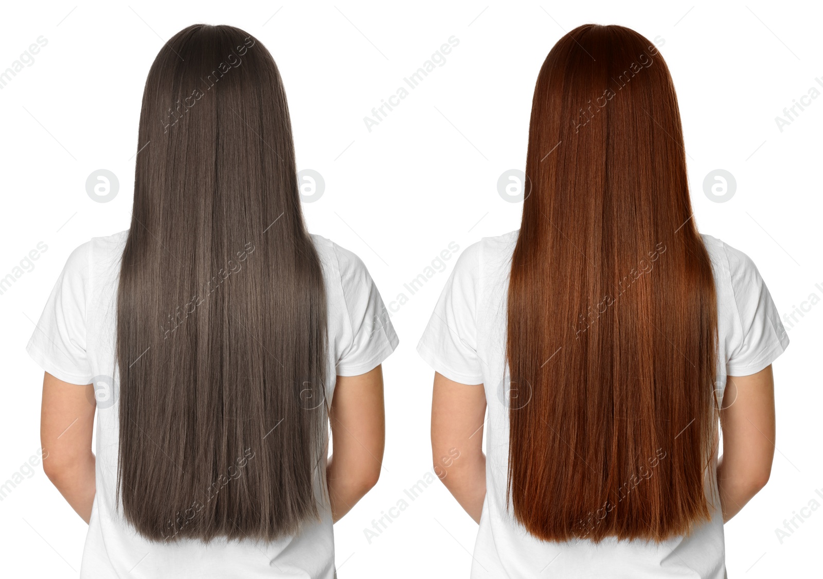 Image of Woman before and after hair coloring on white background