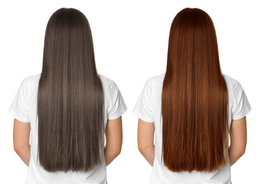 Image of Woman before and after hair coloring on white background