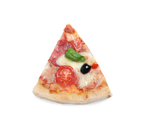 Photo of Slice of delicious pizza Diablo isolated on white, top view