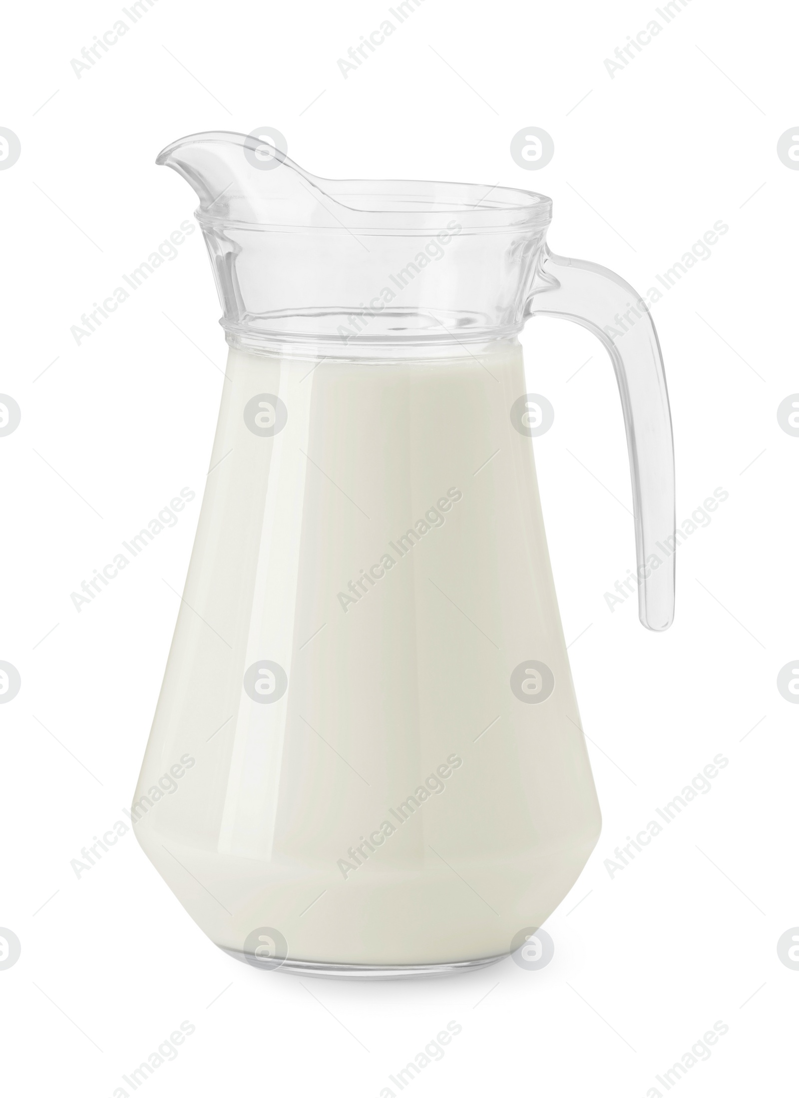 Photo of Glass jug of fresh milk isolated on white