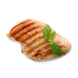 Photo of Tasty grilled chicken fillet and green basil isolated on white, top view