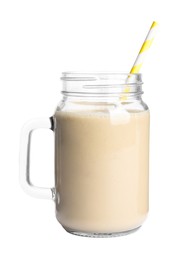 Mason jar of tasty banana smoothie on white background